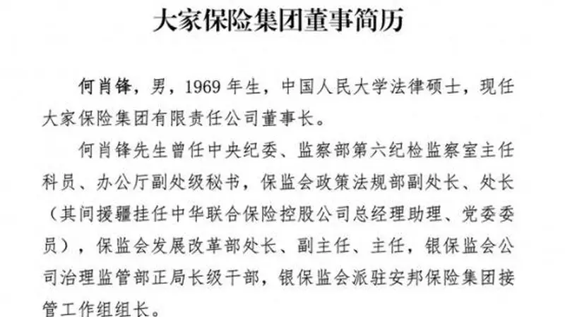 大家保险原董事长何肖锋官网简历悄然撤下,法定代表人变更为孙先亮