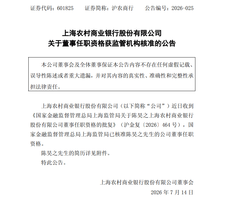 沪农商行董事陈昊之任职资格获准