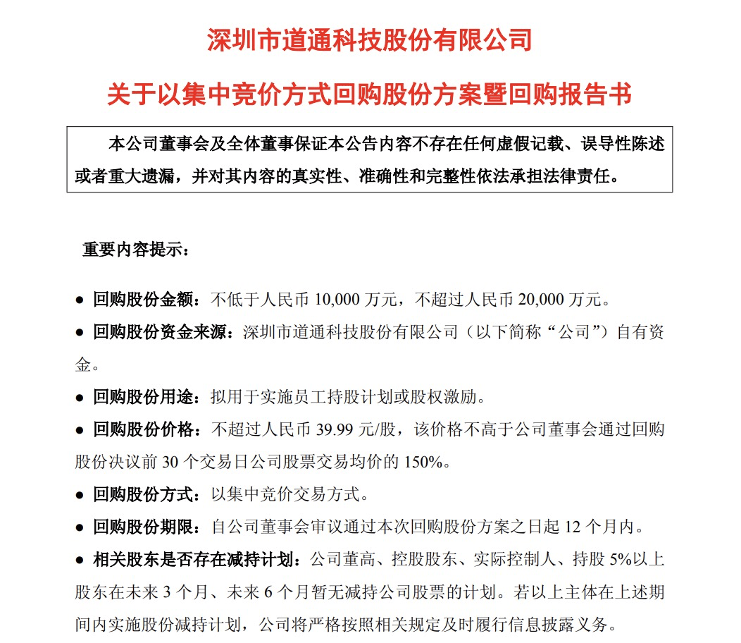 道通科技：拟斥资不超过2亿元进行回购