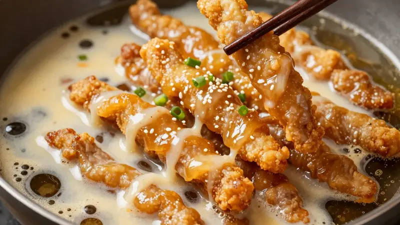 软炸里脊不返潮的秘密:大厨二比一调粉法,外酥里嫩