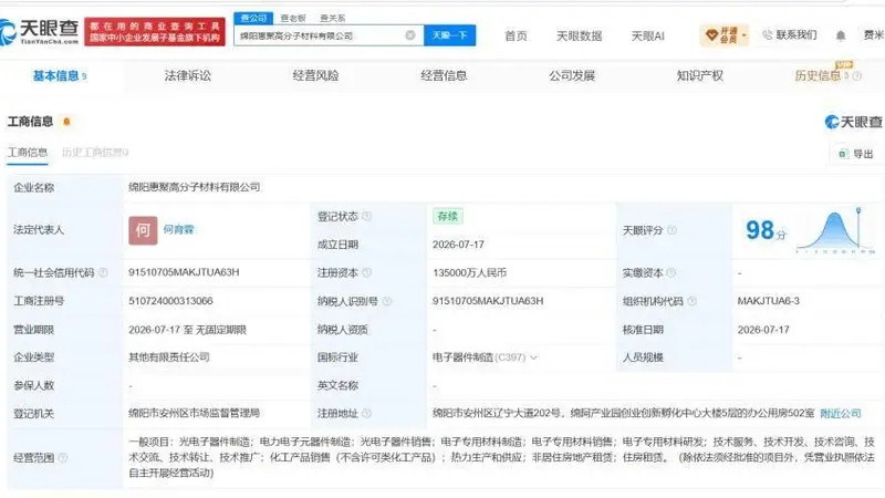 惠科股份携手绵阳企业成立13.5亿高分子材料新公司