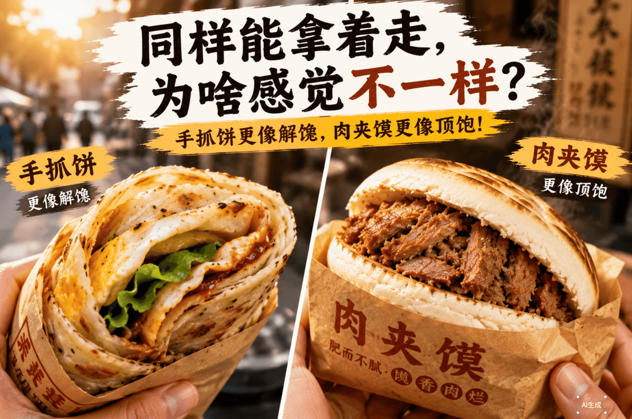 同样都能拿边走边吃，为什么手抓饼更解馋，肉夹馍更顶饱？