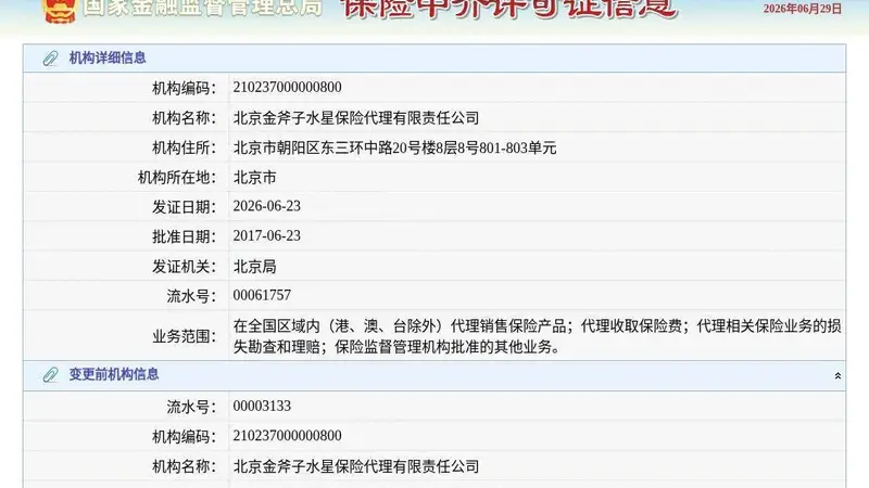北京金斧子水星保险代理有限责任公司换发保险中介许可证，发证日期2026年6月23日
