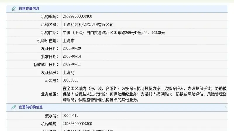 上海和时利保险经纪有限公司换发保险中介许可证，发证日期2026年6月29日