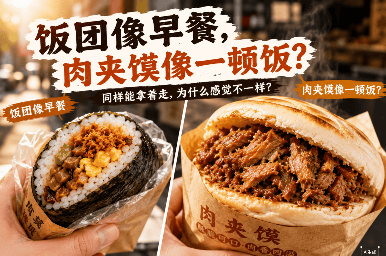 同样能拿着走，为什么饭团像早餐，肉夹馍更像一顿正餐？